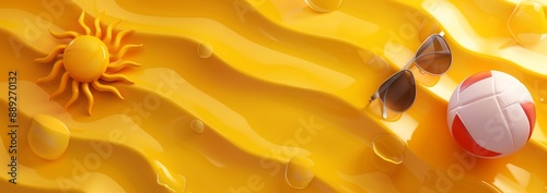 Hand drawn summer icons and copy space on a yellow tropical beach vibes background