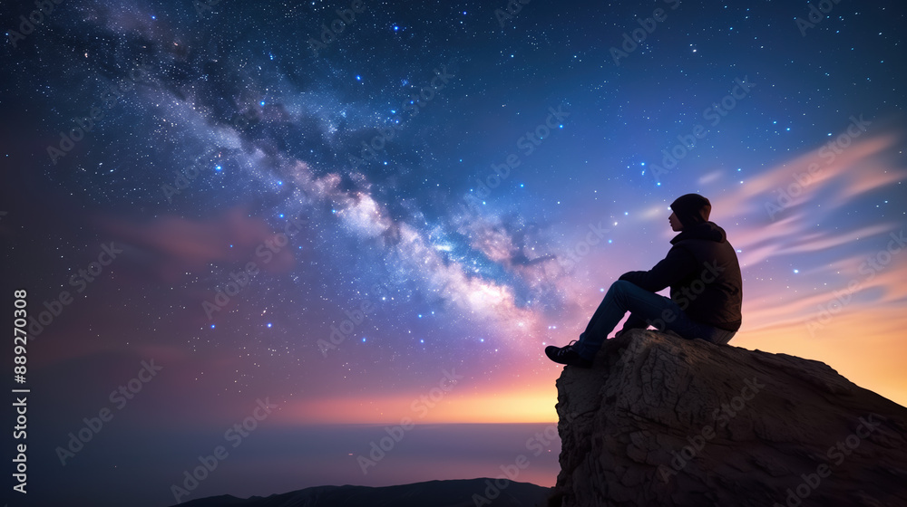 Magnificent Meteor Shower with Meteors Leaving Glowing Trails in the Milky Way, Capturing a Solo Astronomer in Awe