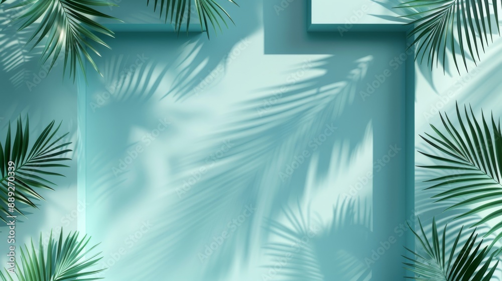 With copy-space and a blue palm plant border, framed in a diamond botanical frame. With copy-space and a blue palm plant border, framed in a diamond botanical frame.