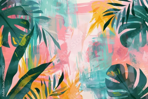 Background for a tropical wallpaper with tropical plants. Tropical nature background with palm leaves in summer.