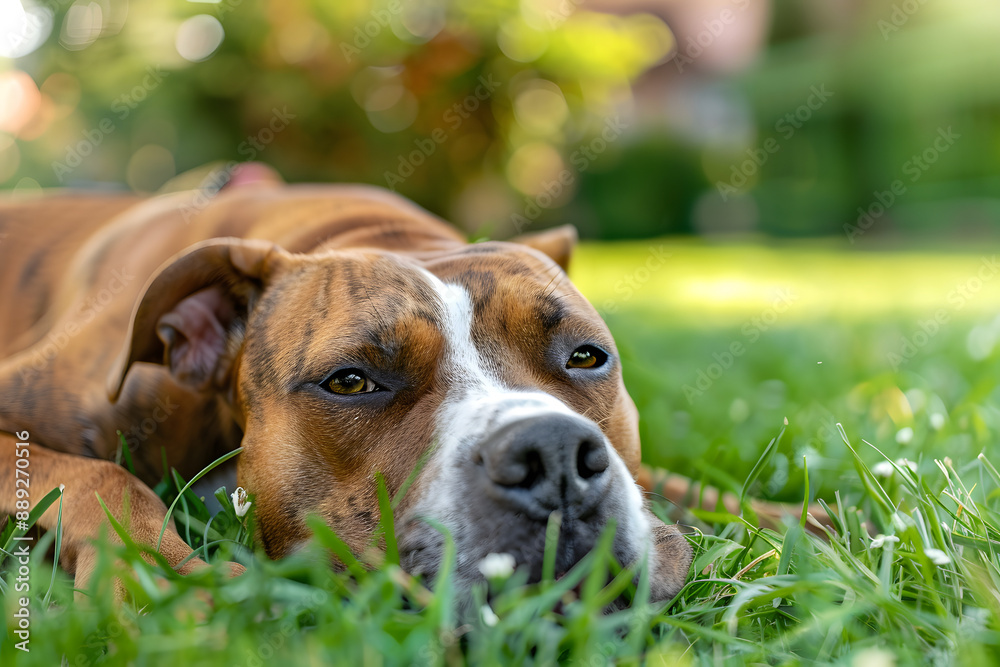 Relaxing Pitbull Dog in Sunny Summer Day Relaxing Pitbull Dog in Sunny Summer Day