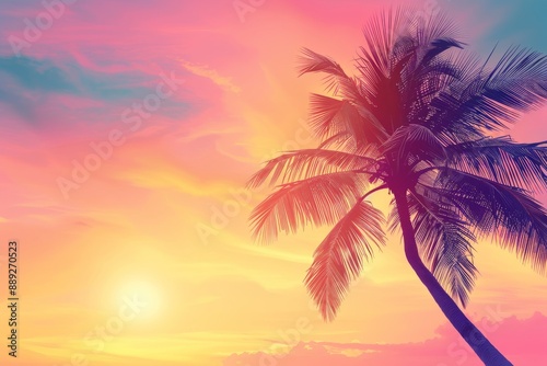 Summer travel background with vintage toned coconut palm tree silhouette in golden hues. Retro design concept with open composition.