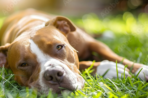 Relaxing Pitbull Dog in Sunny Summer Day