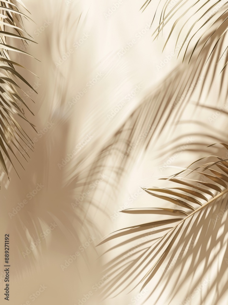 Fototapeta premium An abstract background of shadow palm leaves on a white wall and cream pastel floor. An abstract background of shadow palm leaves for a summer mock up. An abstract tropical palm mockup with a light