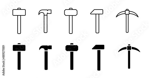 Hardware tool icon set. Steel equipment symbols collection. Metal tool shovel, pickaxe, hammer sign. Vector