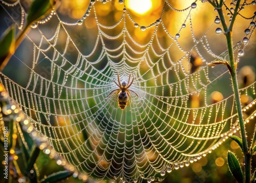 Delicate morning dew glistens on a spider's intricate web, carefully crafted thread by thread, showcasing the mesmerizing beauty and precision of nature's most talented architects. photo