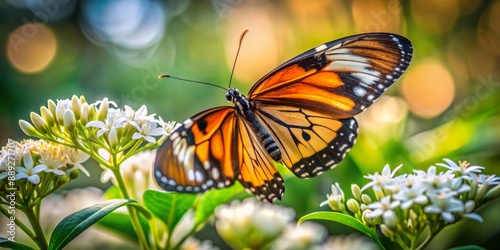 Vibrant orange and black striped butterfly lands delicately on soft white petals of blooming flowers, set against a blurred natural background with stunning depth.