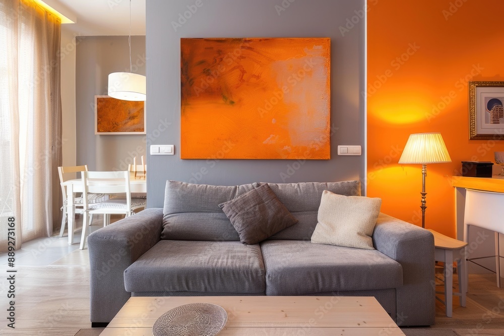 Orange Painting. Abstract Art on Grey Wall of Stylish Living Room with White Furniture Orange Painting. Abstract Art on Grey Wall of Stylish Living Room with White Furniture