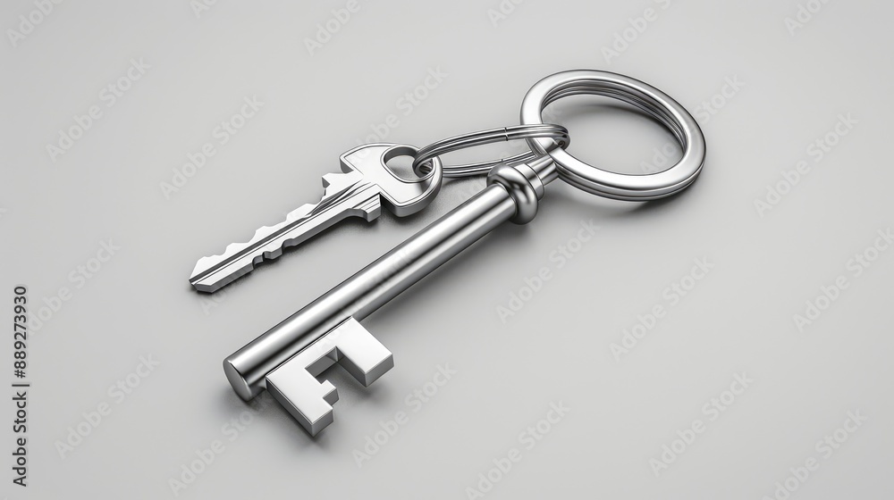 Empty house shaped keychain with two keys isolated on gray background Empty house shaped keychain with two keys isolated on gray background