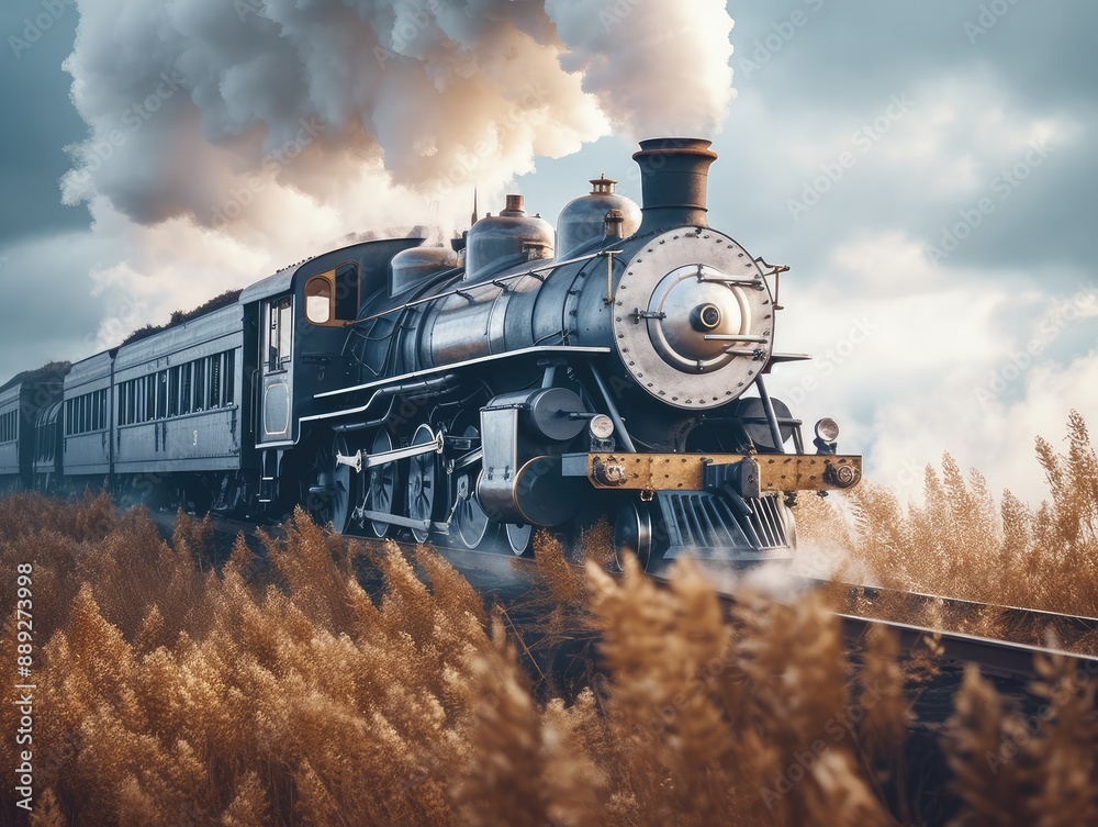Naklejka premium Vintage Steam Train in Autumn Landscape