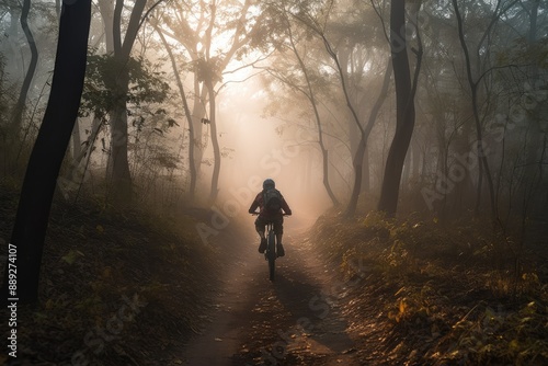Biking Through Foggy Forest at Sunrise © evening_tao