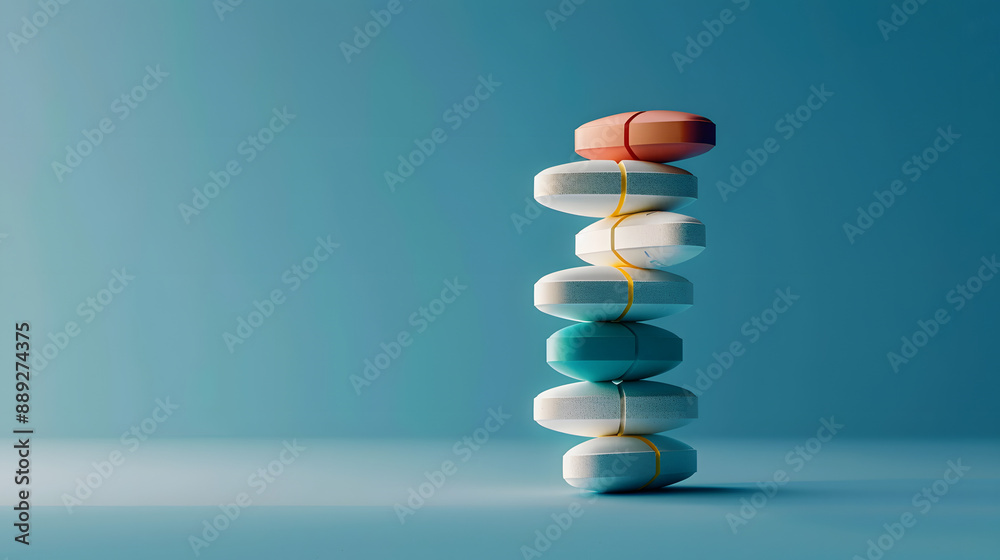 Stacked pills on blue background Stacked pills on blue background