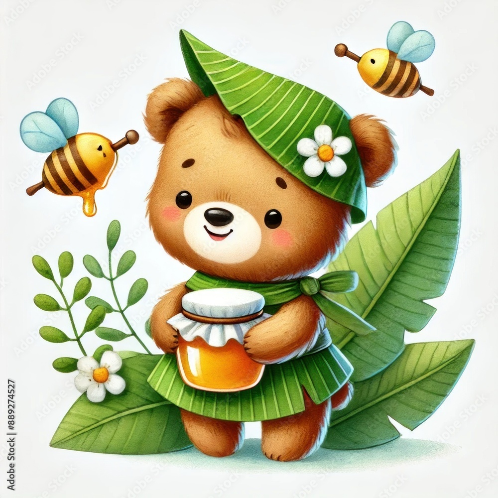 Adorable teddy bear wearing a banana leaf cloth, showcasing a charming and unique design with a playful and natural theme. Adorable teddy bear wearing a banana leaf cloth, showcasing a charming and unique design with a playful and natural theme.