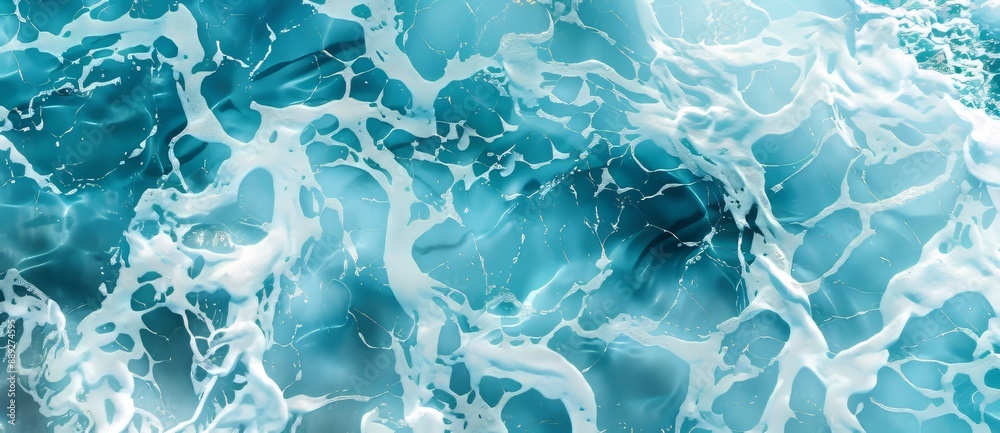 Naklejka premium Clear transparent blue water wave surface texture with splashes and bubbles. Abstract summer banner background. Cosmetic moisturizer micellar toner with copy space.