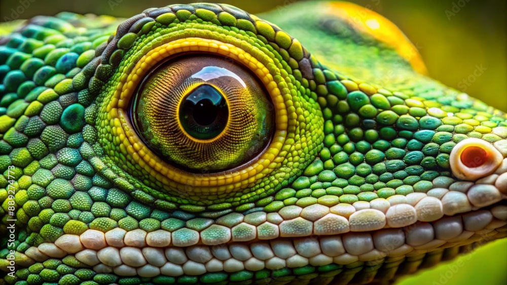 Naklejka premium Vibrant green-yellow lizard's face fills the frame, showcasing two striking, circular black and white eyeballs with piercing gaze, surrounded by scaly skin and tiny nostrils.