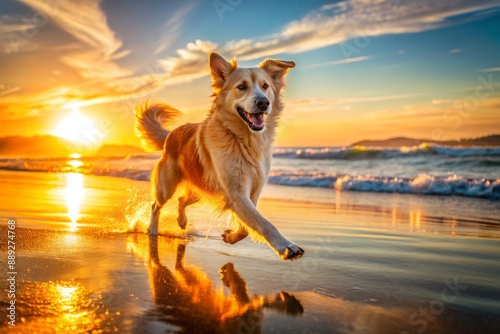 Joyful canine dashes along sun-kissed shoreline, paws kicking up sand, carefree spirit infectious, as warm glow of a bright sunny day illuminates the scenery. photo