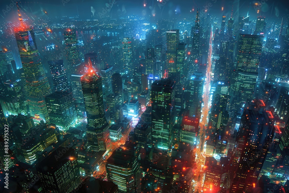 Fototapeta premium Futuristic cityscape with vibrant lights and towering skyscrapers