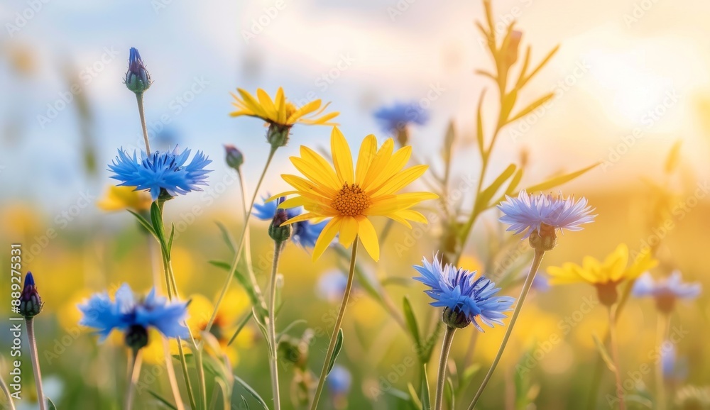An image of a colorful flower meadow with bokeh lights and blue skies in summer - nature background banner for summer greeting cards - wildflowers and spring color scheme An image of a colorful flower meadow with bokeh lights and blue skies in summer - nature background banner for summer greeting cards - wildflowers and spring color scheme