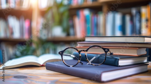 Stack of books, reading glasses, mobile phone, pen and laptop on the table. Close-up view
