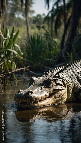 Swamp Encounter Crocodile Basking with Open Mouth