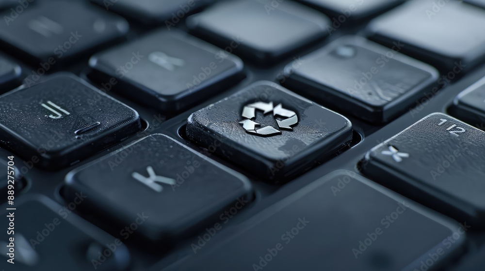 Ecological technology concept. Green recycle button on black keyboard. Recycle zero waste eco-friendly technology. Ecological technology concept. Green recycle button on black keyboard. Recycle zero waste eco-friendly technology.