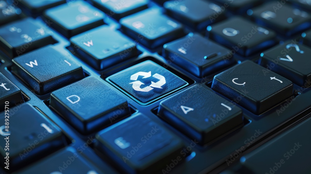 Ecological technology concept. Green recycle button on black keyboard. Recycle zero waste eco-friendly technology. Ecological technology concept. Green recycle button on black keyboard. Recycle zero waste eco-friendly technology.