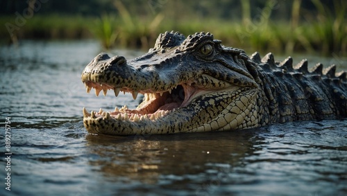 Swamp Scene Crocodile Displaying Open Jaw