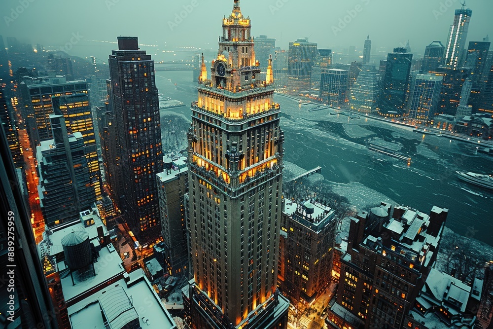 Breathtaking cityscape view of Manhattans iconic buildings and skyscrapers during a snowy winter evening Breathtaking cityscape view of Manhattans iconic buildings and skyscrapers during a snowy winter evening