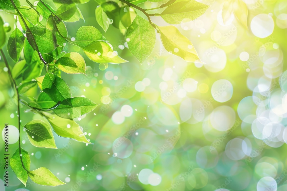 Blurred bokeh background of fresh green spring and summer foliage with a sky filled with blue and sun flares Blurred bokeh background of fresh green spring and summer foliage with a sky filled with blue and sun flares