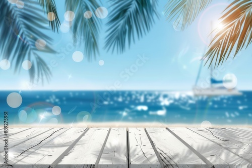 An illustration of a tropical beach with a sailboat.