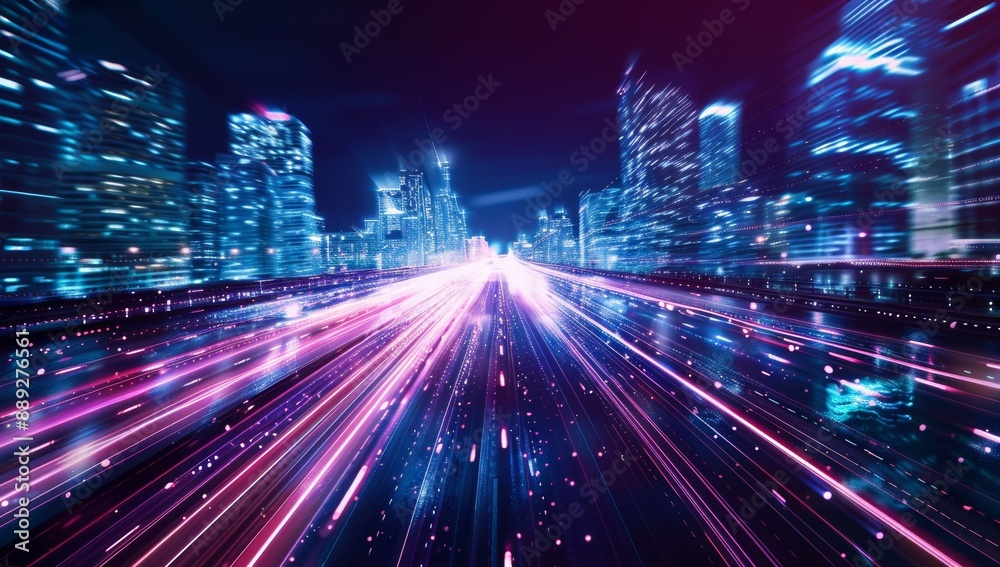 Fototapeta premium Futuristic glowing neon lights in vibrant colors form a curved tunnel with a starry background