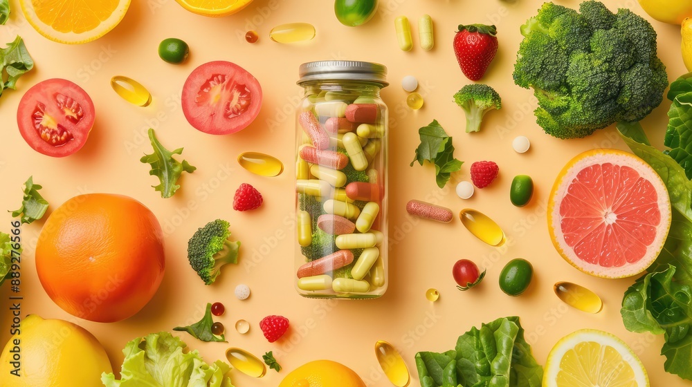 Fruits and vegetables, a jar full of capsules that see their vitamin replacement. AI generation