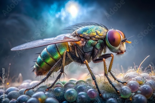 Mystical photograph of a majestic maggot fly perched beside a misty view, showcasing its iridescent body in exquisite close-up detail, exuding eerie mystique. photo