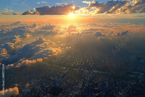 Aerial view of a cityscape during sunset with cloudscape and sunlight photo