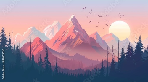 Sunset over a mountainscape in modern illustration