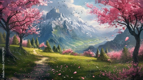 Landscape in spring. Green grass, fresh foliage. Nature comes to life for the product background.