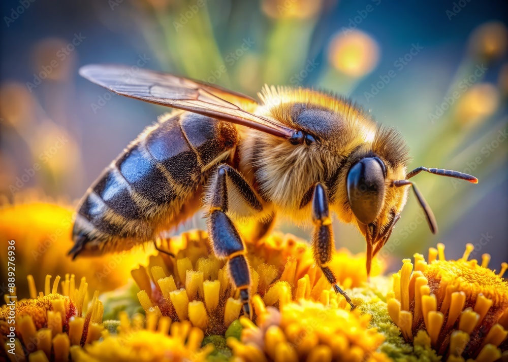 Vibrant close-up of a honeybee gathering nectar, its golden fuzzy body and delicate translucent wings shining against a simple background, celebrating pollinators' importance. Vibrant close-up of a honeybee gathering nectar, its golden fuzzy body and delicate translucent wings shining against a simple background, celebrating pollinators' importance.