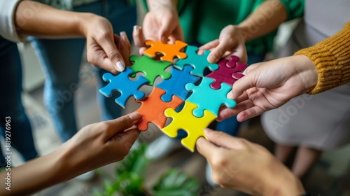 Concept of teamwork and partnership. Hands join puzzle pieces in the office.