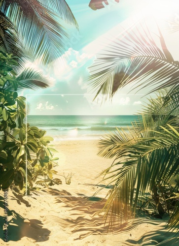 Golden sand beach close-up with sunlight, blue sky, white clouds and blue sky in summer. Copy space, summer vacation concept.