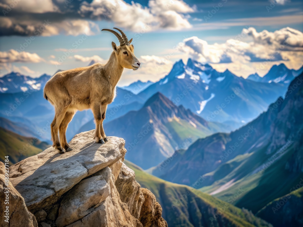 Majestic mountain goat stands calm and confident on a rocky outcrop, surveying breathtaking landscape below with a regal presence, surrounded by rugged peaks and valleys.
