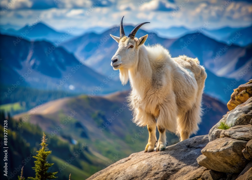 Obraz premium Majestic mountain goat stands peacefully on rugged rocky terrain, its gentle facial expression and calm demeanor radiating serenity as it gazes into the distance.