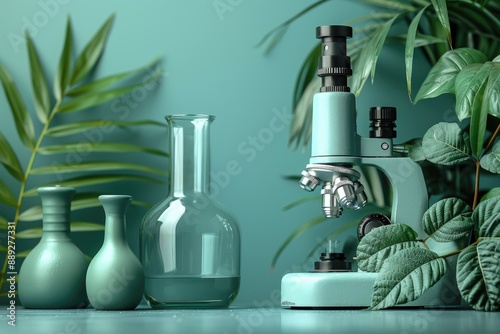 Laboratory glassware and microscope in a lush green setting photo