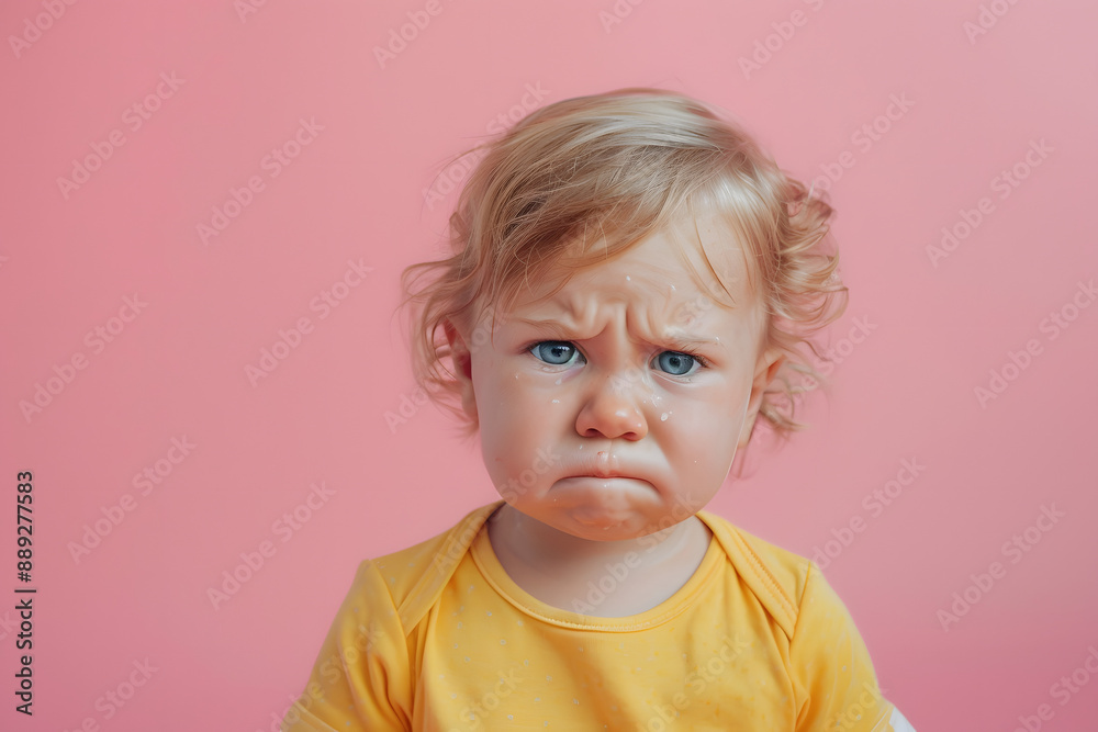 Toddler's Frustration: Unhappy Baby on Pink Background Toddler's Frustration: Unhappy Baby on Pink Background