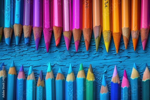 Colorful array of sharpened colored pencils on a rustic blue wooden background photo