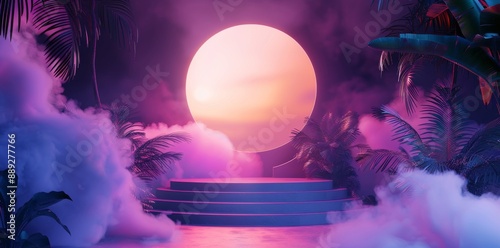 An abstract background with a neon glow. A futuristic landscape with palm trees, clouds and the sun. This is a synthwave, retrowave and vaporwave style.