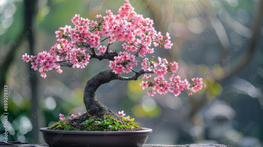 Serene cherry blossom bonsai tree with delicate pink flowers in a zen garden Serene cherry blossom bonsai tree with delicate pink flowers in a zen garden