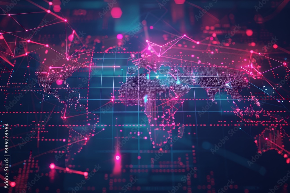 Glowing pink digital world map with circuit board and data nodes Glowing pink digital world map with circuit board and data nodes