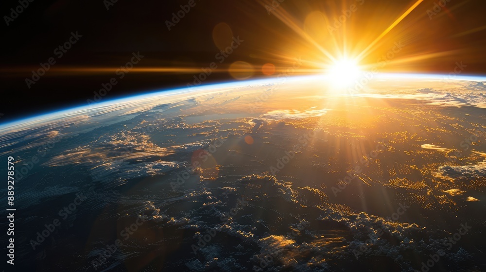 Sunrise view of the planet Earth from space with the sun setting over the horizon Sunrise view of the planet Earth from space with the sun setting over the horizon