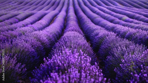A picturesque view of a lavender field in full bloom, with rows of purple flowers extending to the horizon