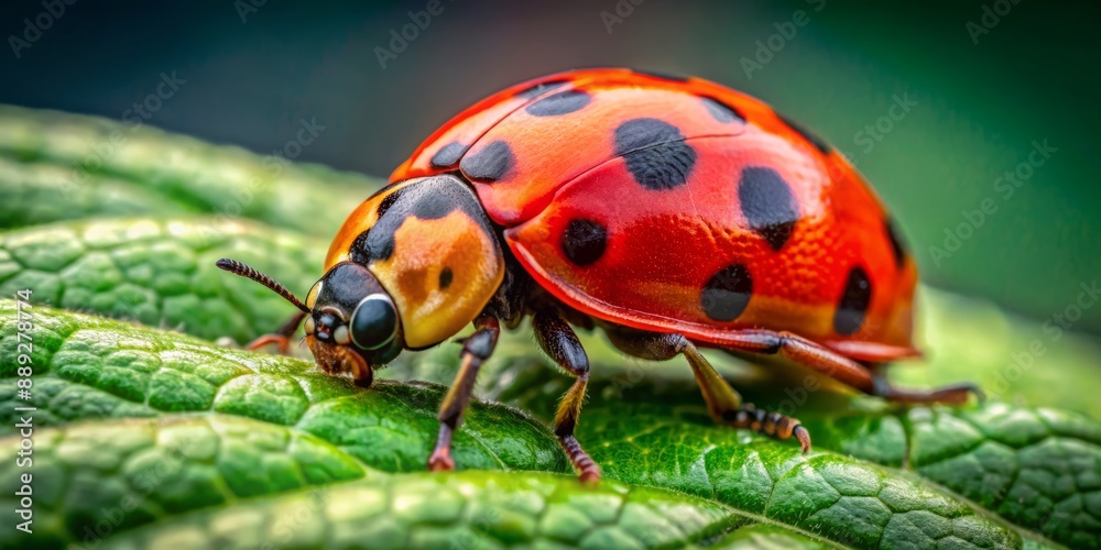 Vibrant ladybug with bright red shell and distinct black spots perched on a fresh green leaf, showcasing intricate details in stunning macro clarity. Vibrant ladybug with bright red shell and distinct black spots perched on a fresh green leaf, showcasing intricate details in stunning macro clarity.
